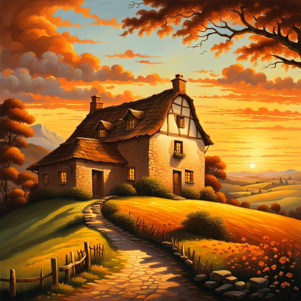 a Renaissance-era painting of a farmhouse at sunset. The warm hues of ...