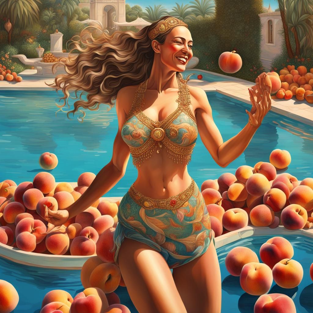Surreal Women Dancing with Peach Hearts