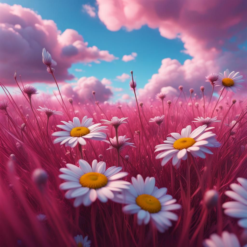 oversized-daisys-growing-out-of-pink-grass-with-fluffy-clouds-in-a-sky