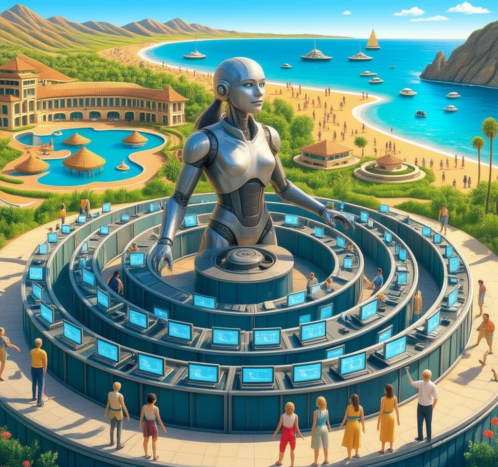 I'd like to create an image to explain the purpose of an operating system. I envision a computer's operating system as a kind of super manag...