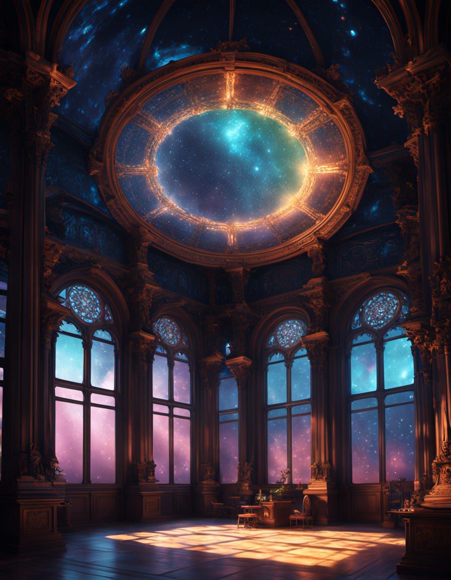Imagine a celestial librarian cataloging constellations in a grand library nestled within a swirling galaxy. The library's shelves are made ...