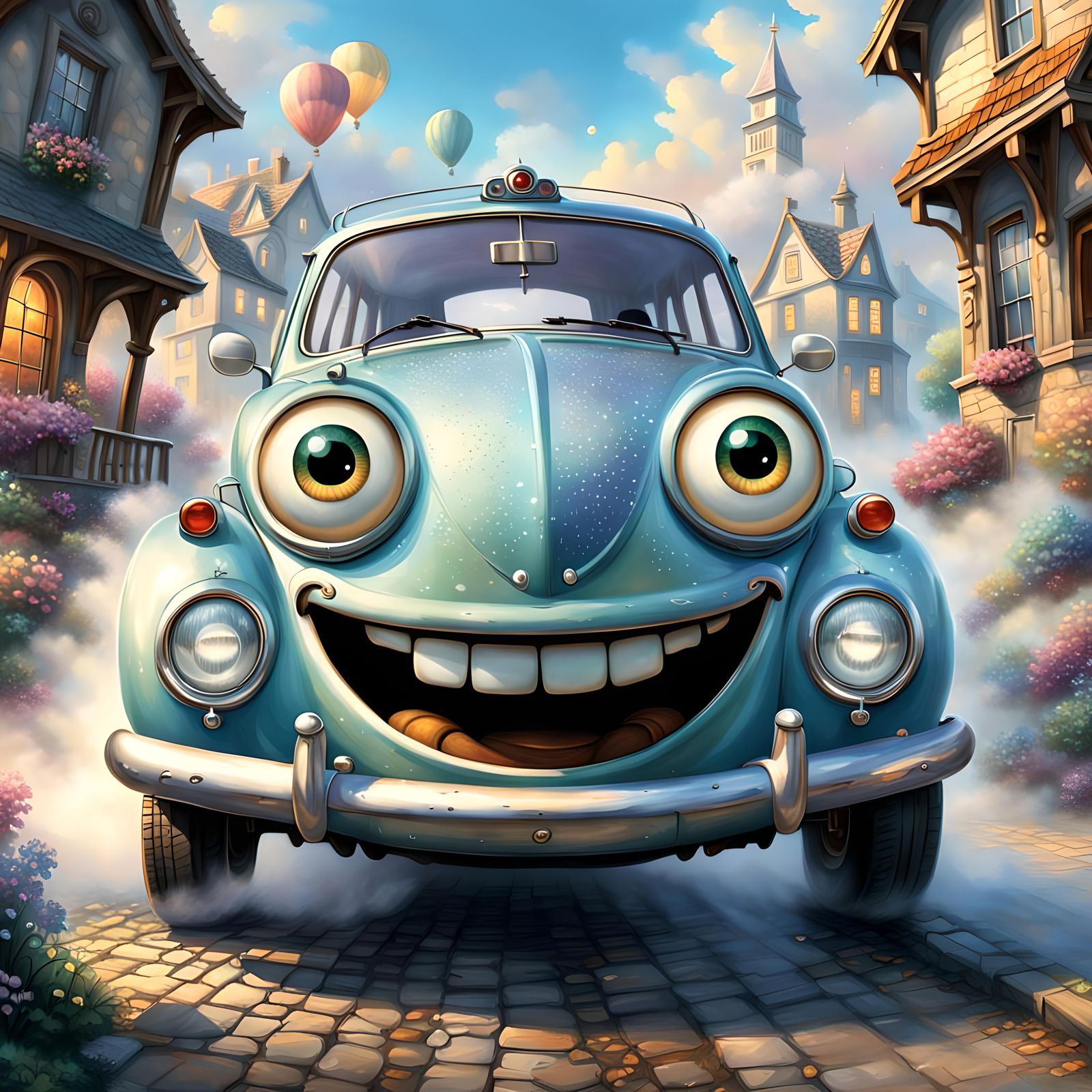 A car with large googly eyes and a large happy smile. High resolution.   by @Irene