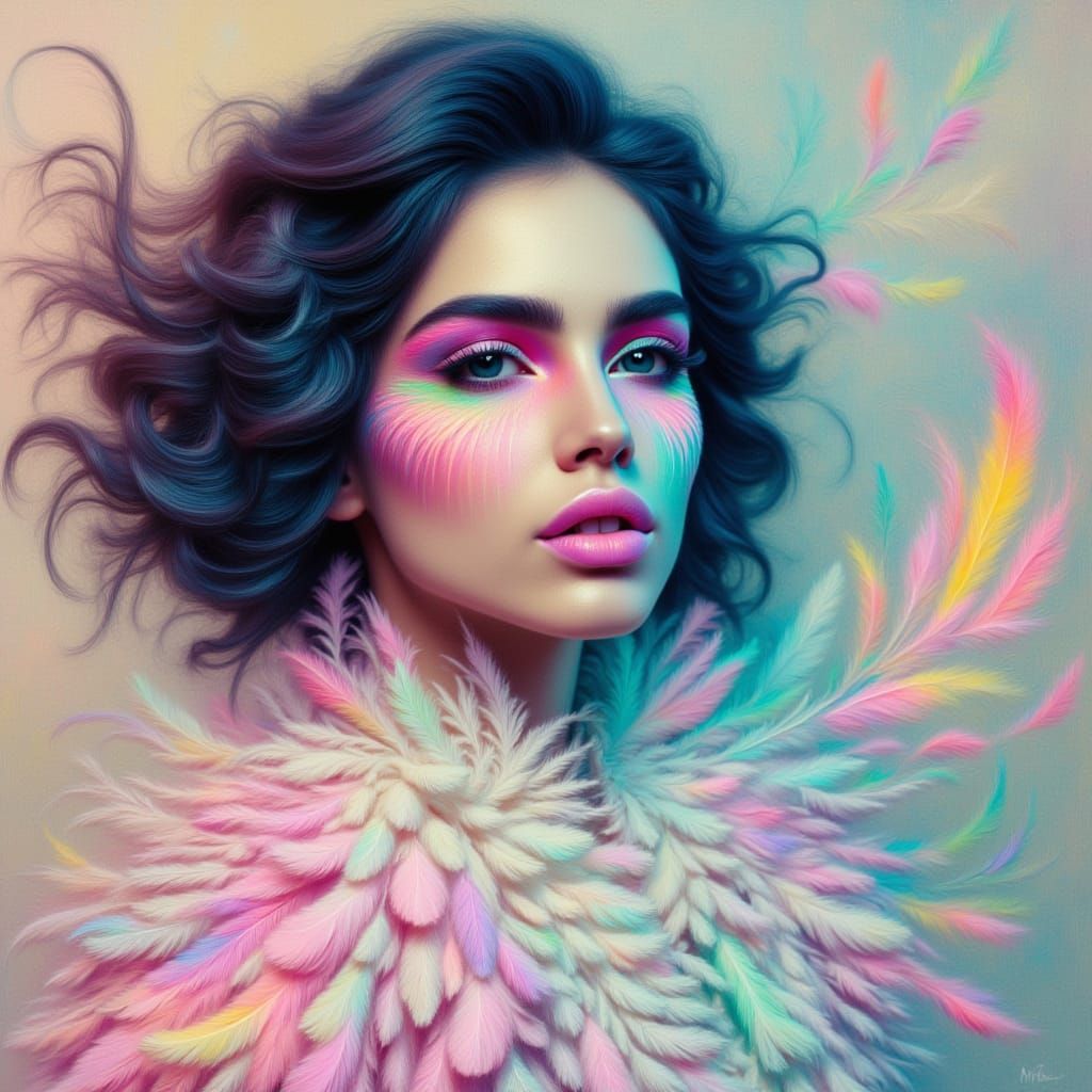 <lora:kak-Featherlychic:1.0>Woman with neon face, pastels, feathers
