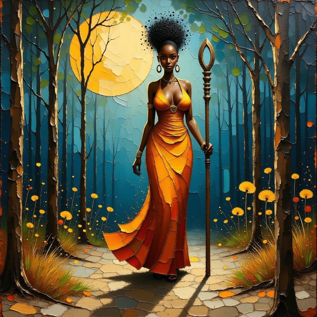 <lora:Akimora:1.0> <lora:divineOil:1.0> <lora:TRIBAL BEAUTY:1.0> Vibrant, A textured, impasto painting of a 30-year-old glamorous curvaceous...