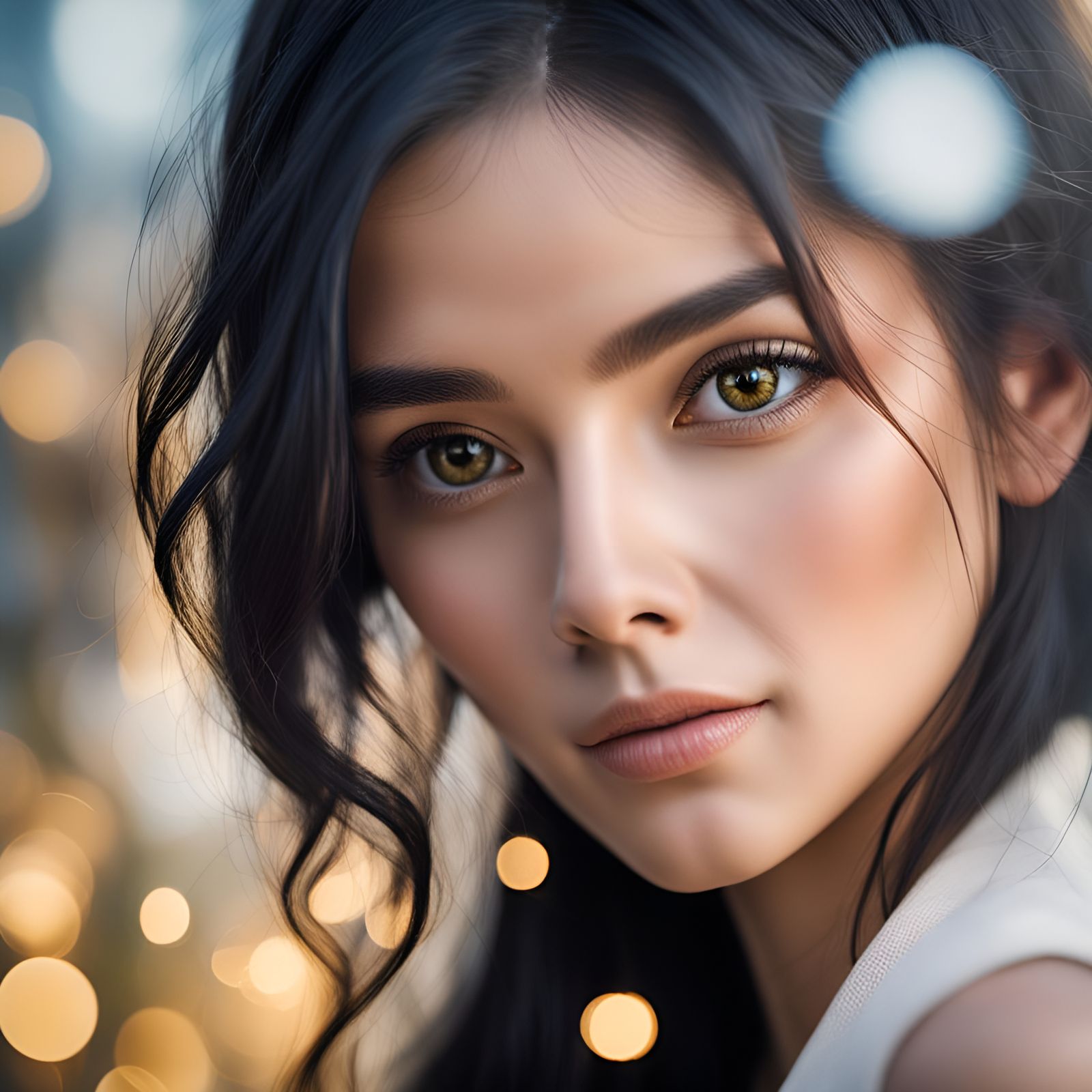A woman with golden ratio, long black hair and wavy hair, ul...
