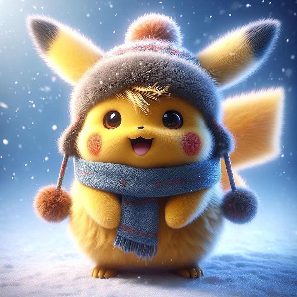Happy Fuzzy Pikachu in Adorable Winter Clothes