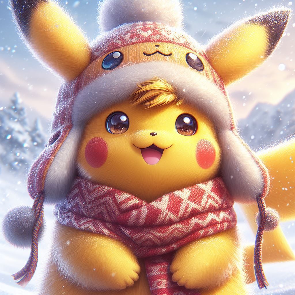 Happy Fuzzy Pikachu in Adorable Winter Clothes