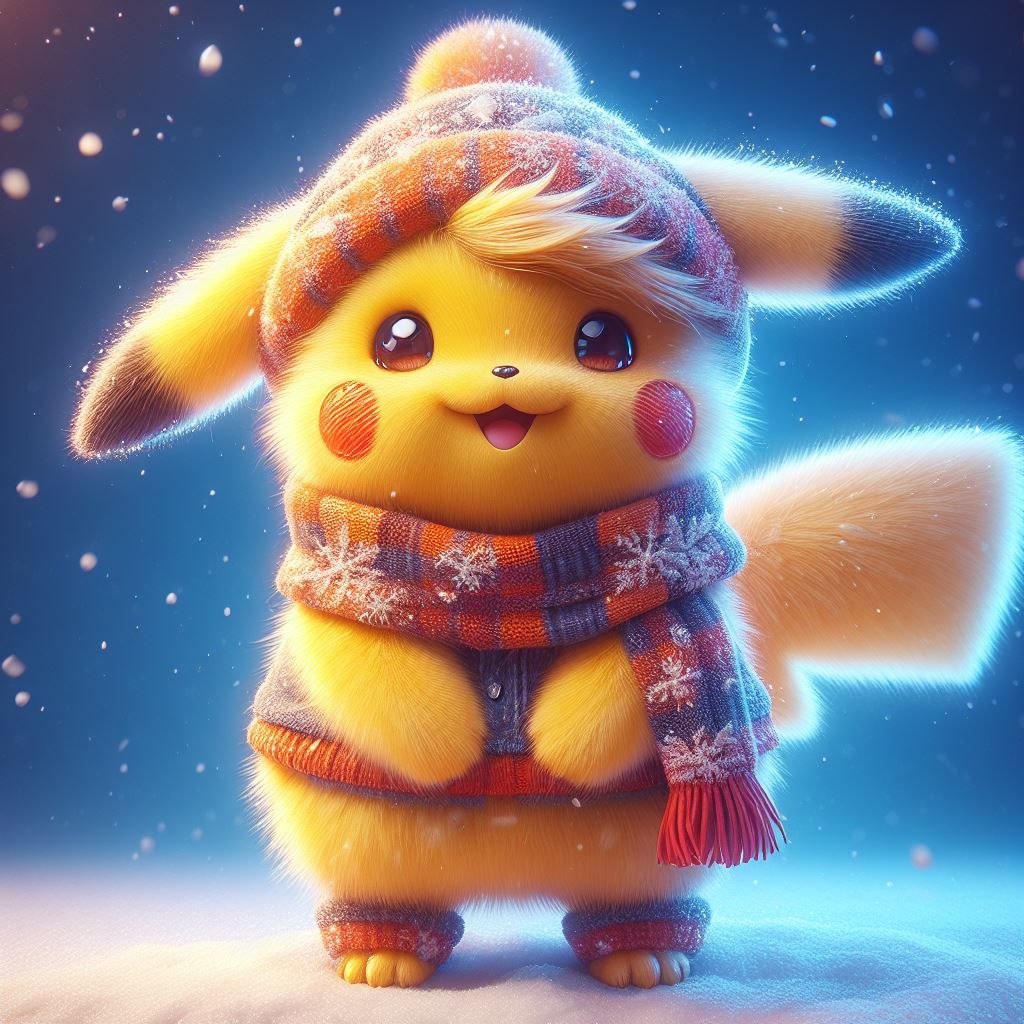 Happy Fuzzy Pikachu in Adorable Winter Clothes