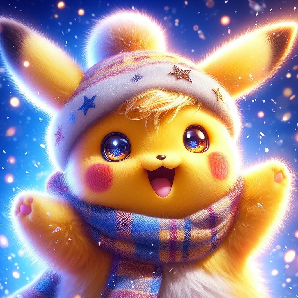 Happy Fuzzy Pikachu in Adorable Winter Clothes