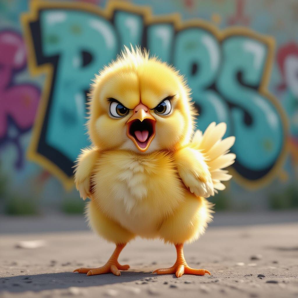 Furious Chick Protests in Front of Graffiti Wall