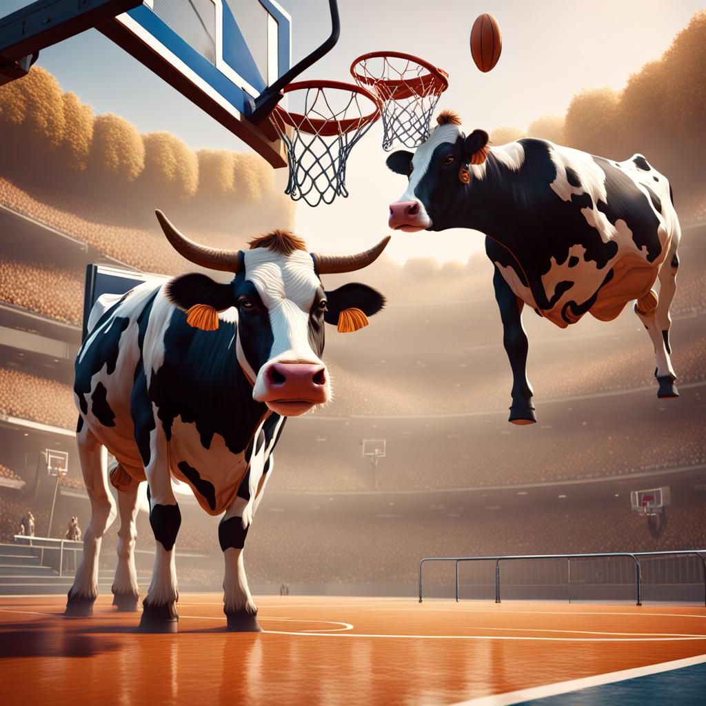 Cows dunking in a basketball game on another cow.