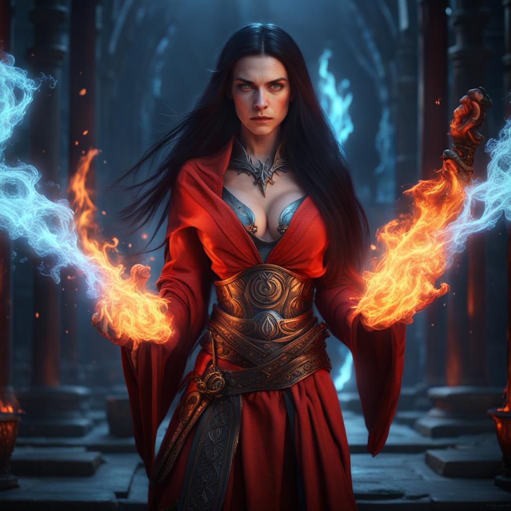 nonbinary girl, ice blue eyes with fire, red warlock robe, padded bra, long black hair, magical trident, casting fire