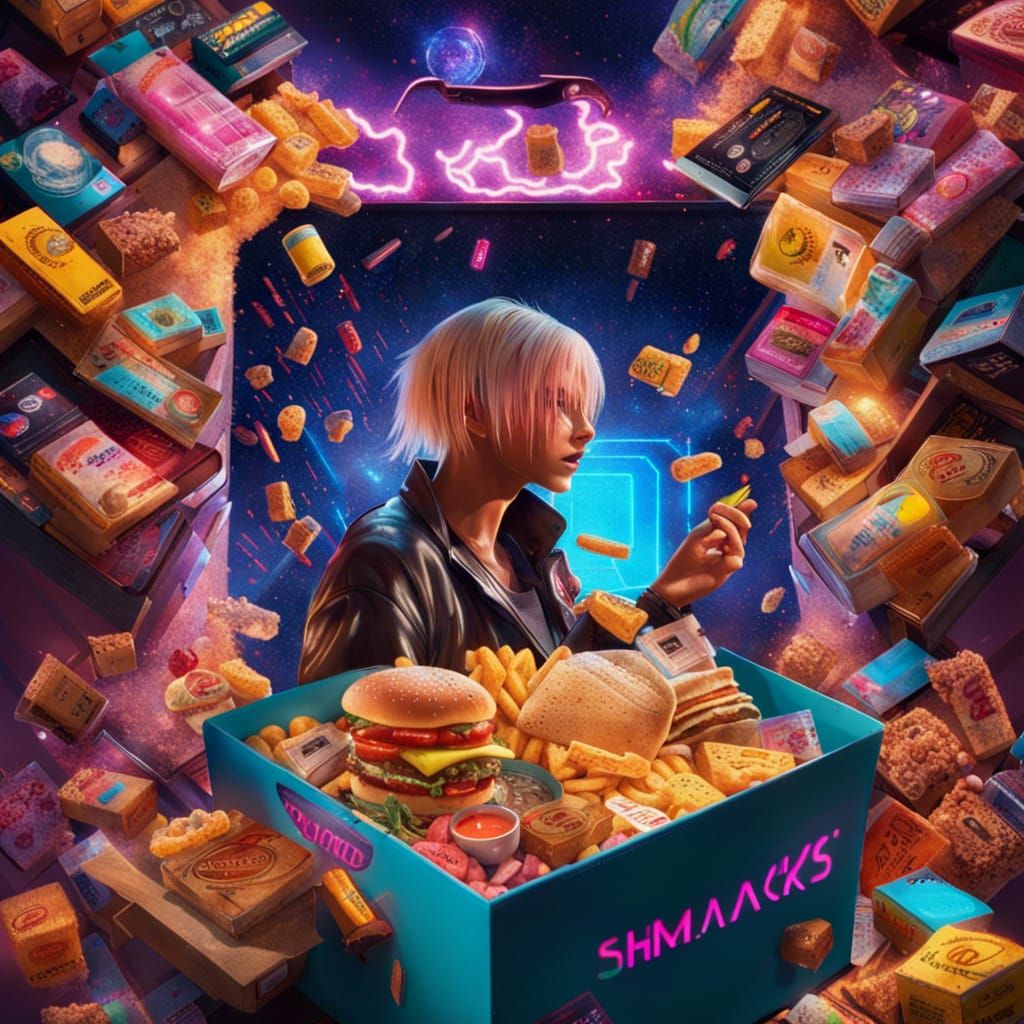 A galaxy of snacks exploding out of a box, epic cinematic brilliant