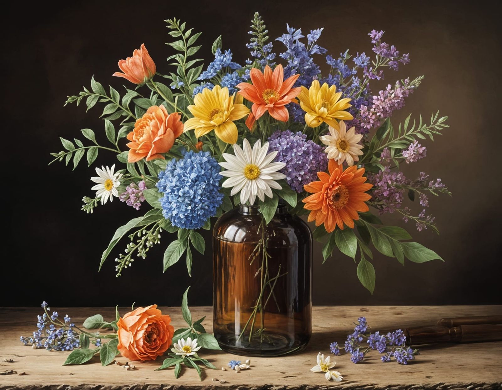 Flowers in an old bottle  by @Le Lapin