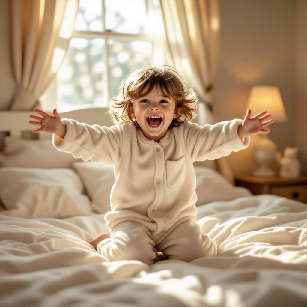 Child Joyfully Jumps on Bed in Children's Book Style