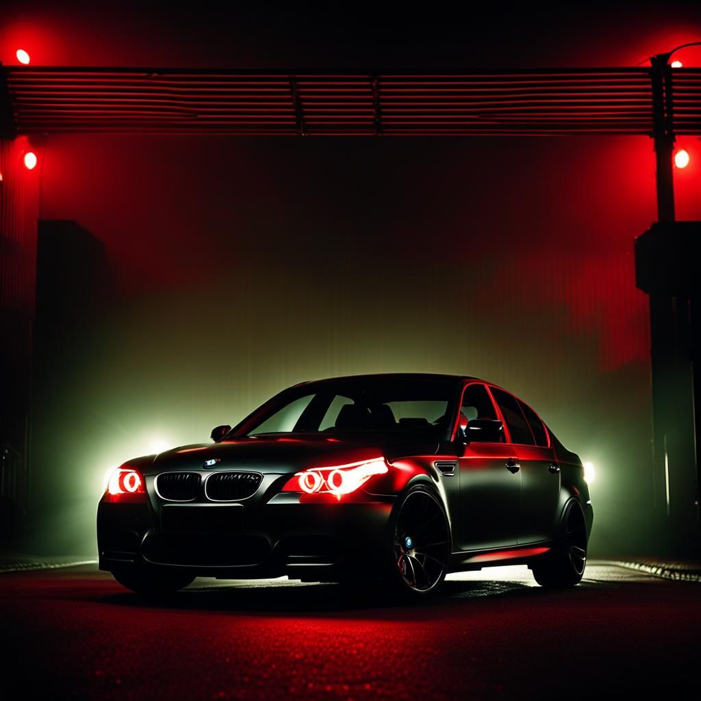 scary looking bmw m5 e60 with red lights  ith a dark background with bmw logo 