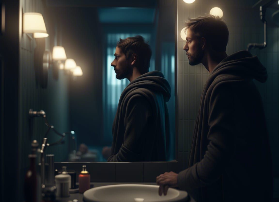 an exhausted guy looking at his reflection in mirror in a bathroom,ultra hd rendered lightings