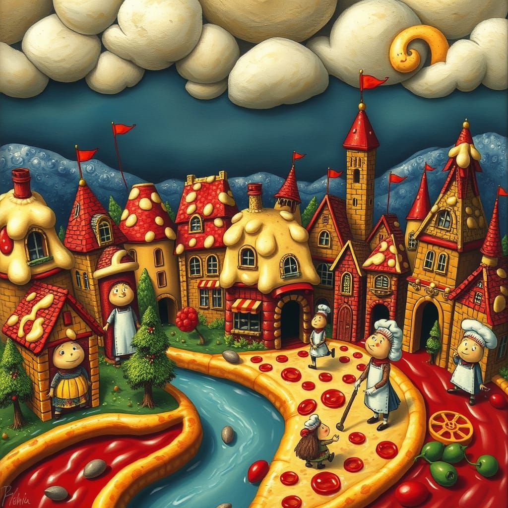 an alice in wonderland style pizza town; Pizza buildings scattered with cheese, pepperoni, olives, and ...  by @Faith Fromund