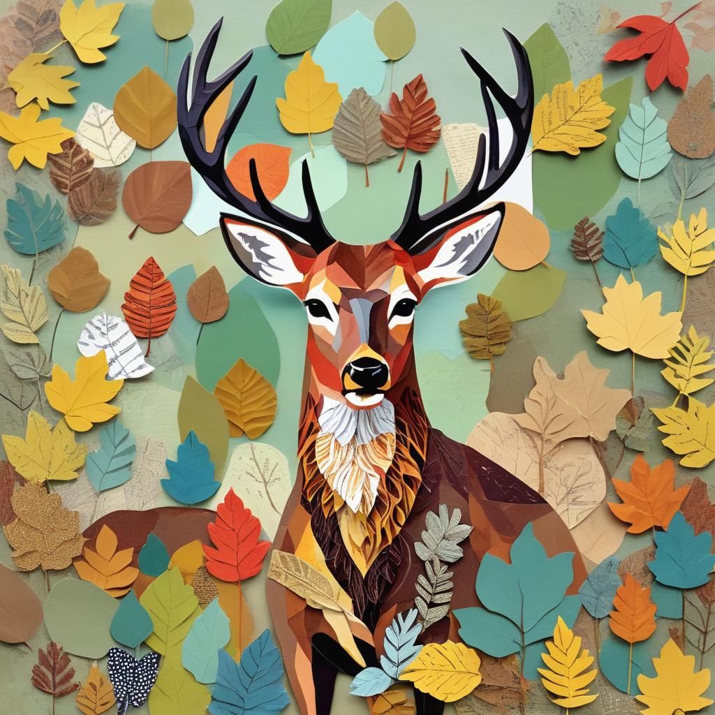 fall paper collage art about a deer