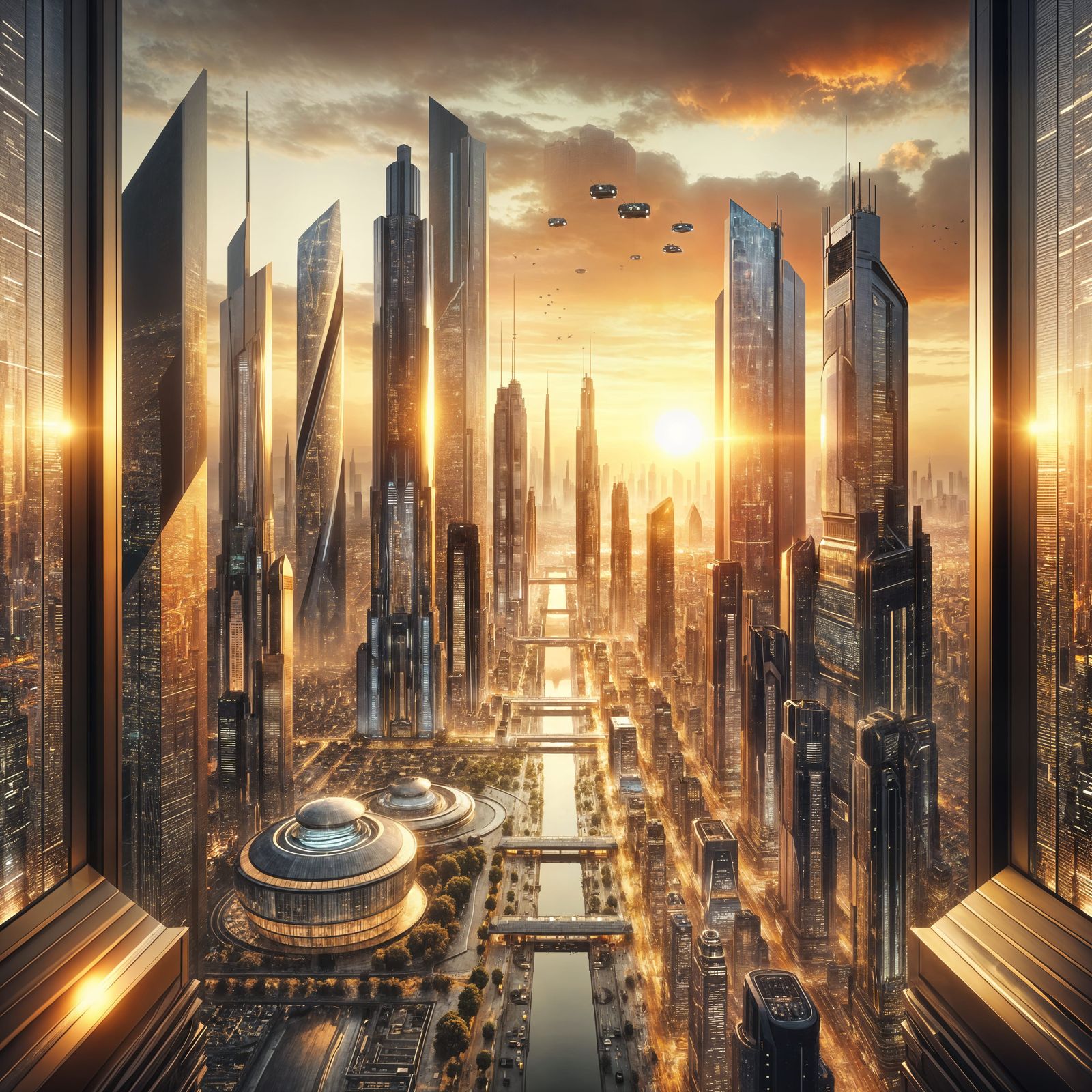 A realistic futuristic cityscape seen through a large window...