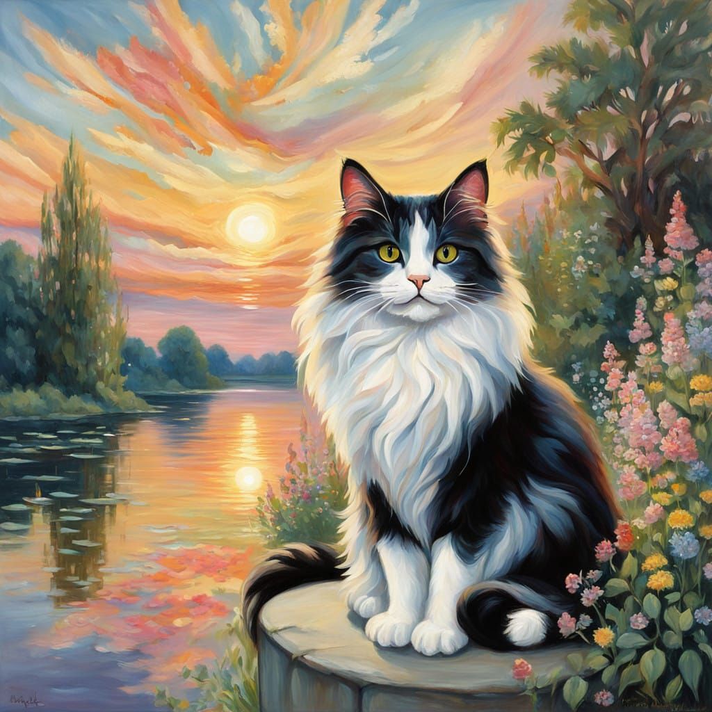 oilpainting of a cute long haired cat sitting on a balcony in a beautiful landscape with a colorful sunset. lake. 