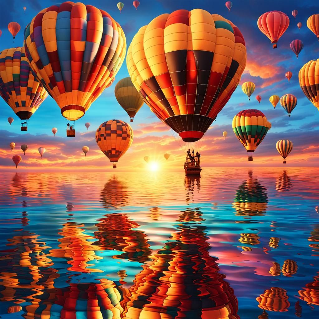 Oceanic Twilight: Hot Air Balloons in Sunset Silhouette