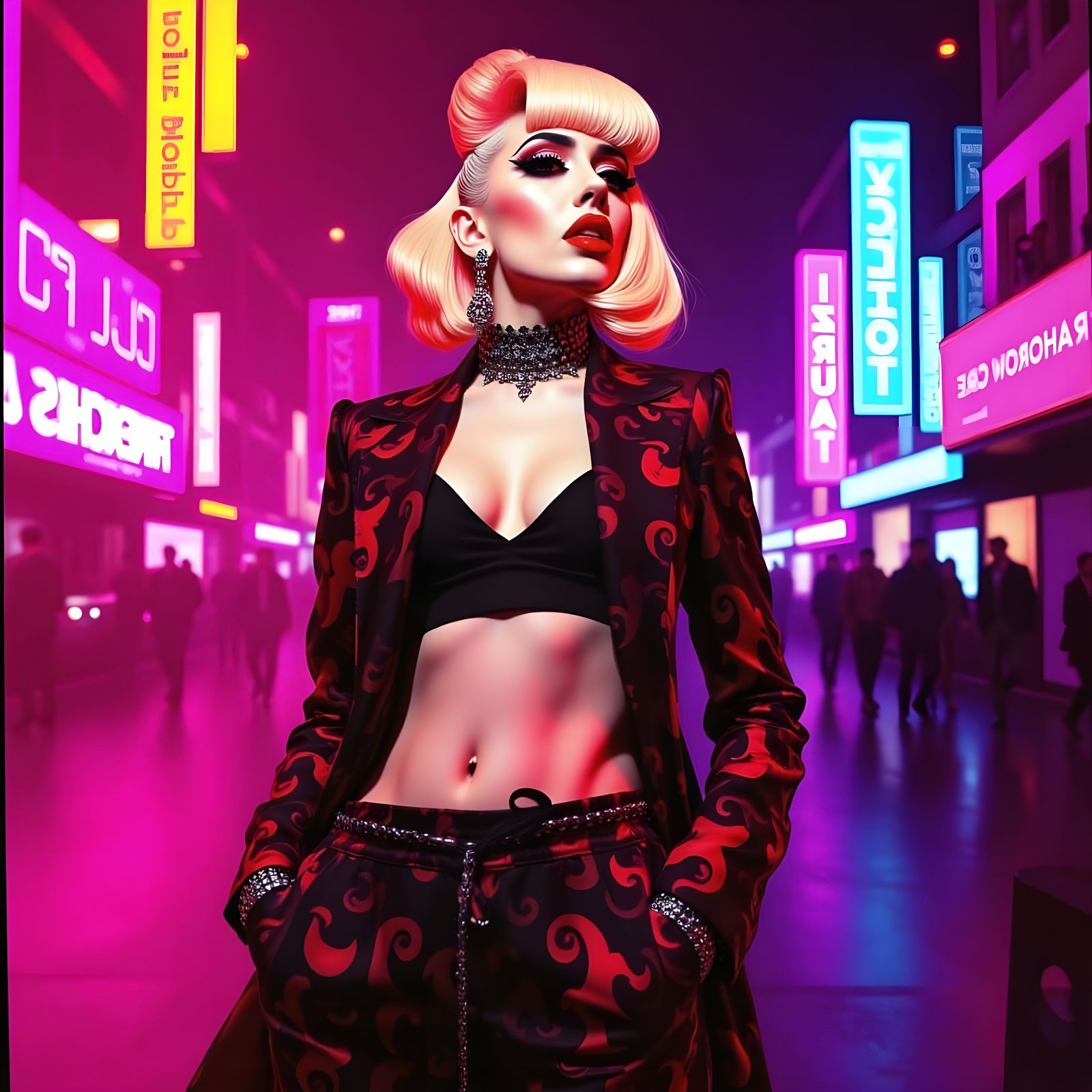 <lora:BehindTheAurA:1.0> Collage, High‑fashion editorial portrait of Lady Gaga, chromatica hair, cyberpunk dress, haute couture, pop‑art col...