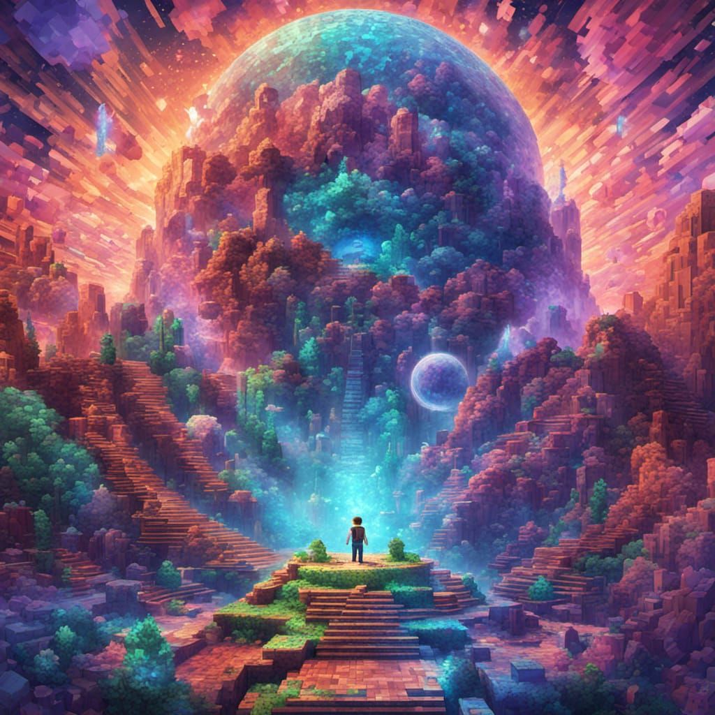 Minecraft Landscape in Pablo Amaringo Style