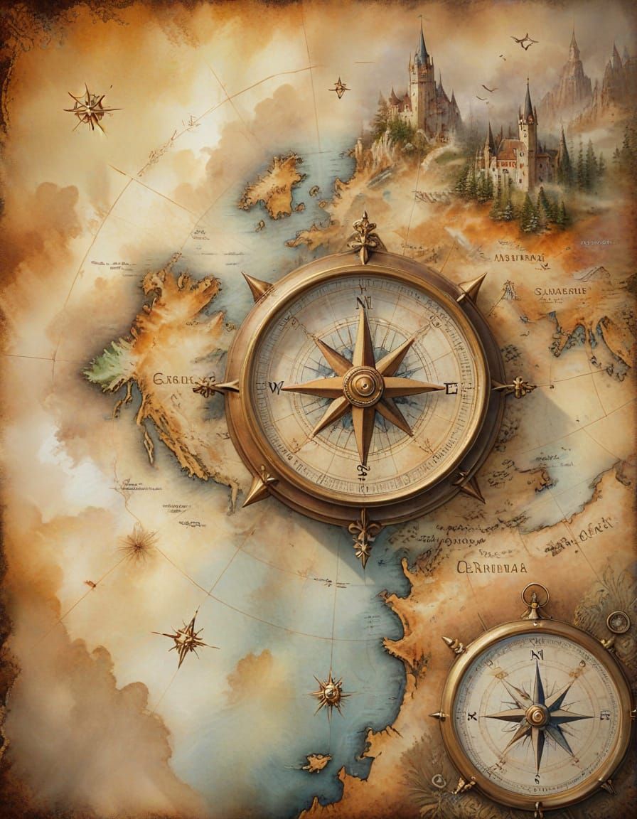 Ancient World Map with Compass Rose in Soft Watercolor