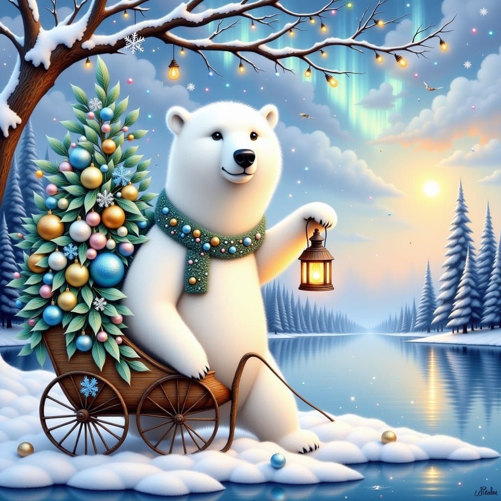 <lora:White Fantasy:1.0>whimsical acrylic 3D structures painting of a fluffy white Polarbear with a lantern in his paw. background winter la...