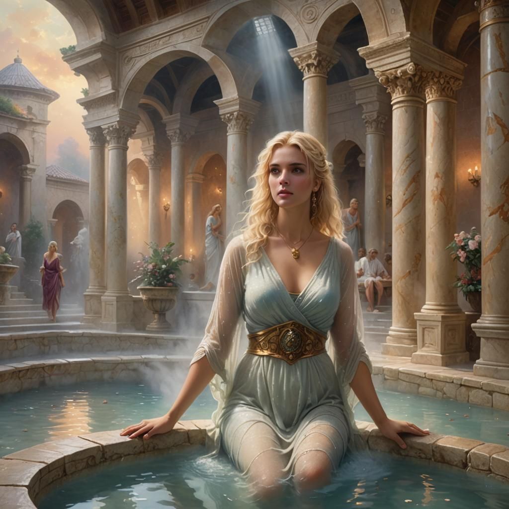 Blonde haired female posing in roman bathhouse, ethereal fan...
