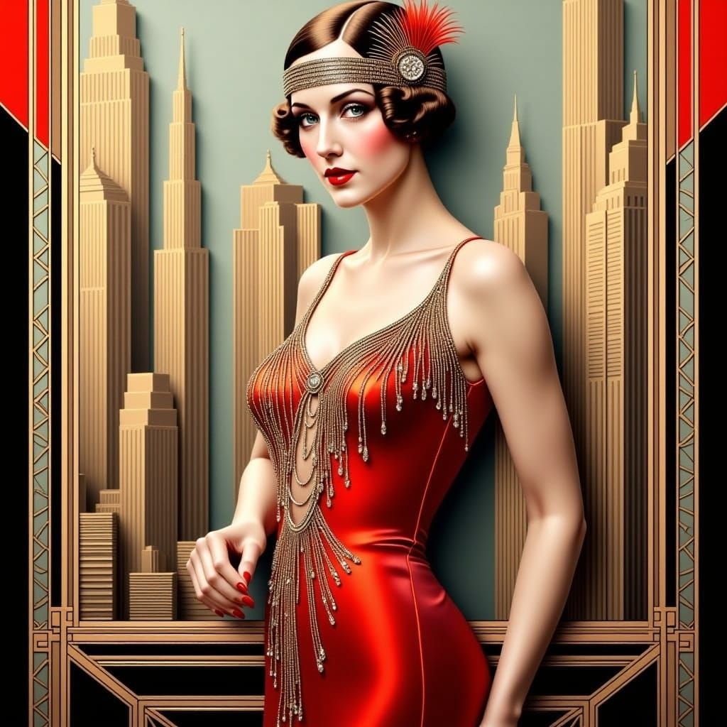 Art Deco cinema poster. Medium shot. A charismatic actress stands in front of a stylized cityscape. Close-up. Inspired by the works of Cassa...