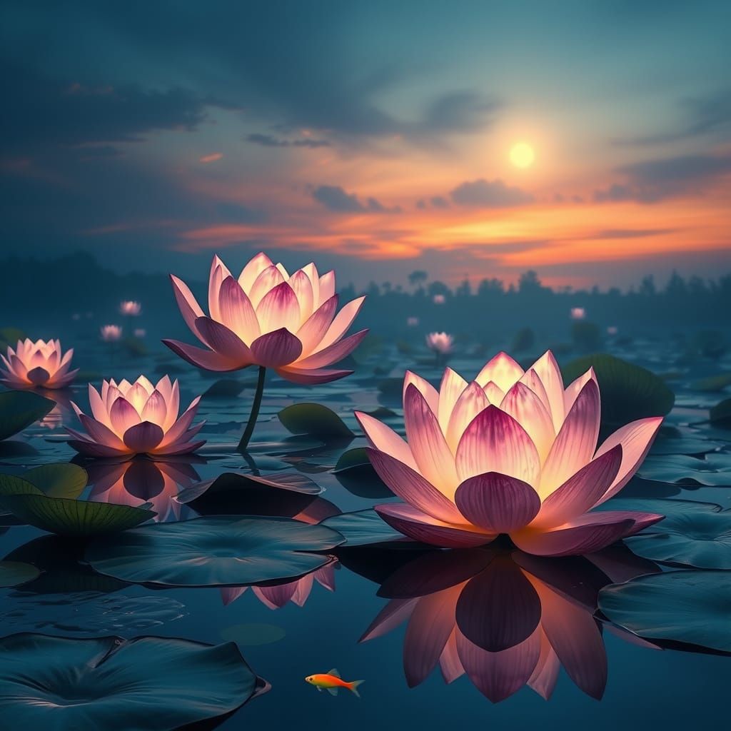 picture a serene pond bathed in the soft glow of twilight, where giant lotus flowers with petals of shimmering mother-of...