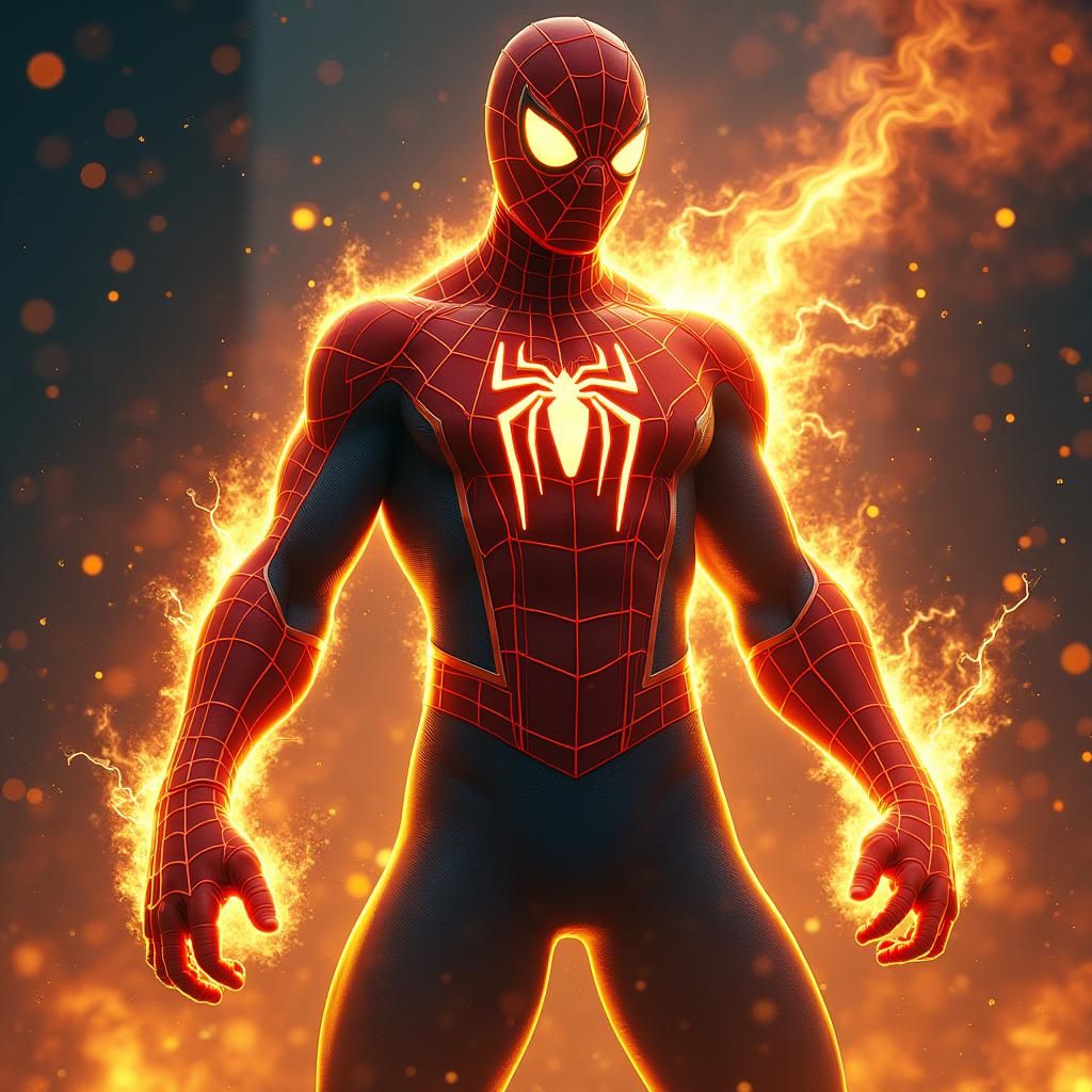 spiderman in powerful form with glow horn in dark halo night sky