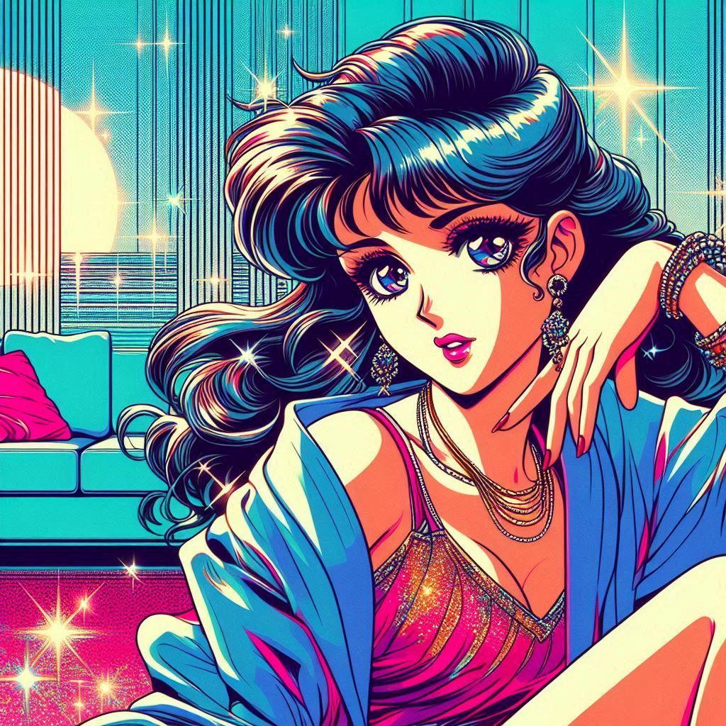 a 1980s anime style image of a woman fashion model drawn in ...