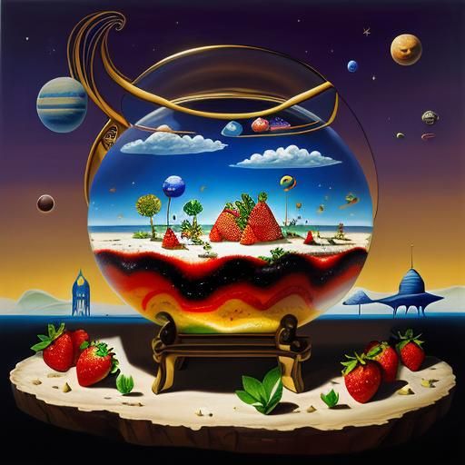 Surreal Camel Terrarium with Planets and Strawberries