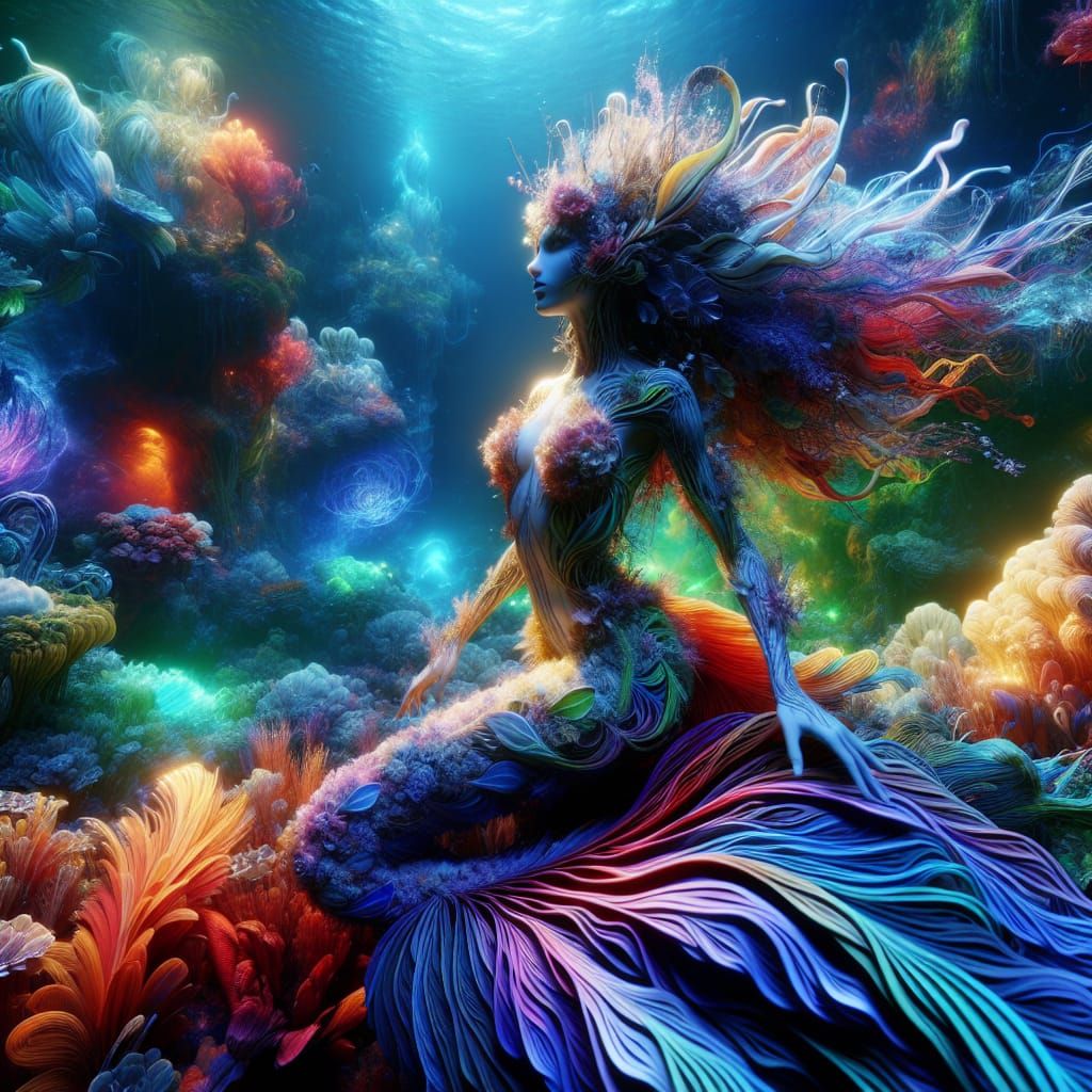 colorful mermaid in the ocean drawn with botanical ink in st...