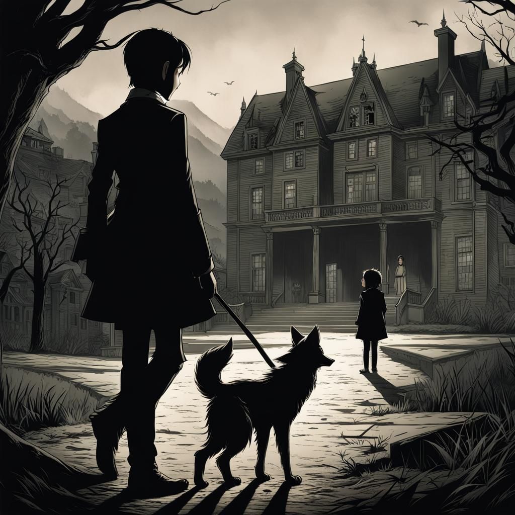 Tom riddle child and girl shadow with orphanage in the background. A ...