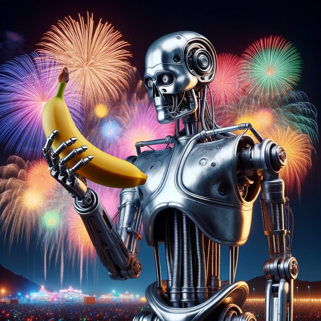 Robot with Banana Watching Fireworks Display