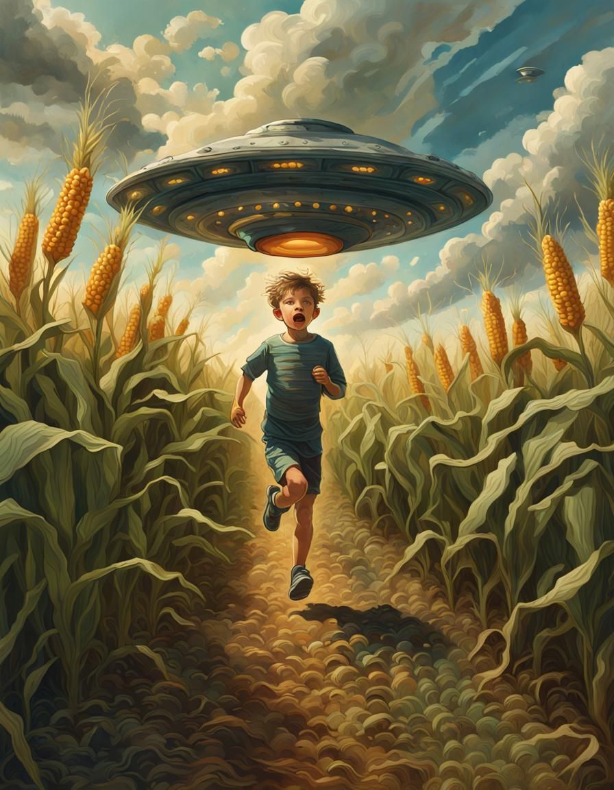 a scruffy dressed boy is running through a corn field  by @The ancient one