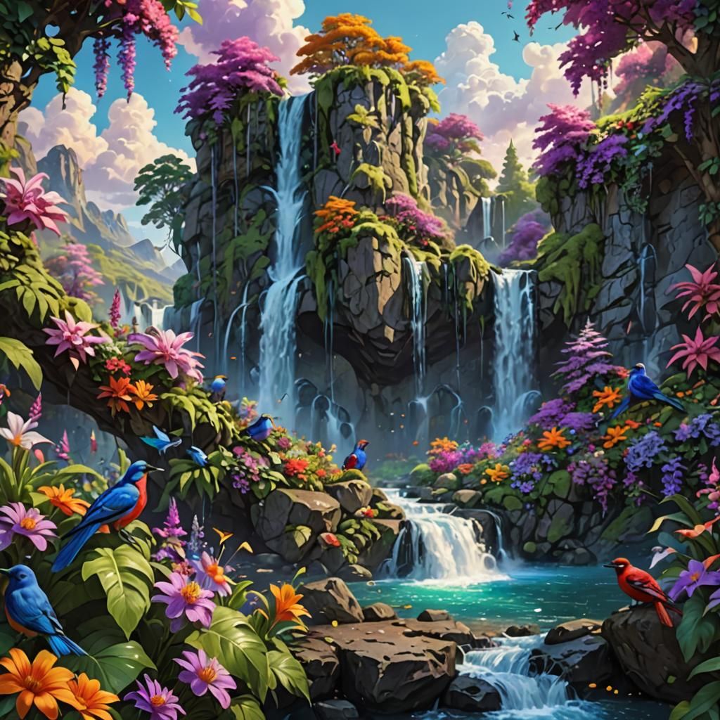 A lush, vibrant fantasy landscape with a cascading waterfall...