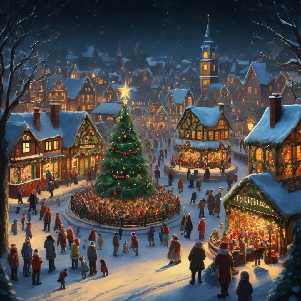 Christmas Village Square: A Whimsical Digital Painting