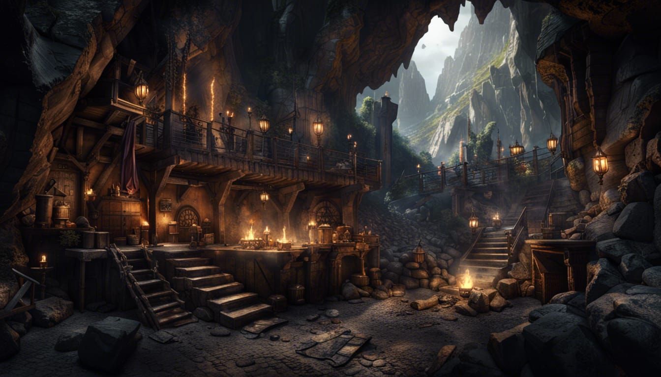 an epic fantasy dwarven forge with and anvils and blacksmiths in a cave ...