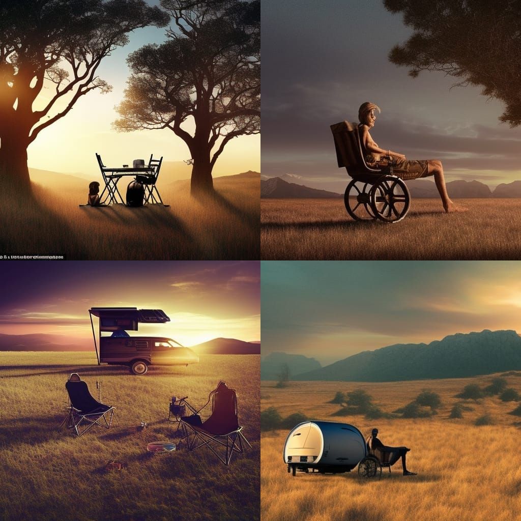 caravan, camping table and chairs, sunset, dry grassland, mutant walker