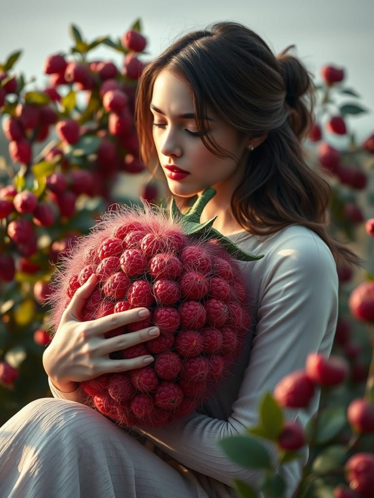 Surreal Woman Amidst Woven Raspberry Bush