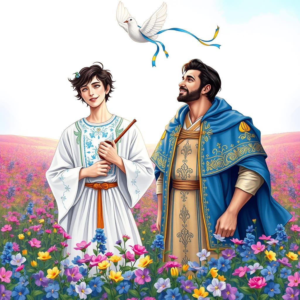 Create a stylized image of two deities - young and tender beautiful man Lel with a reed pipe and his elder - masculine and attractive statel...