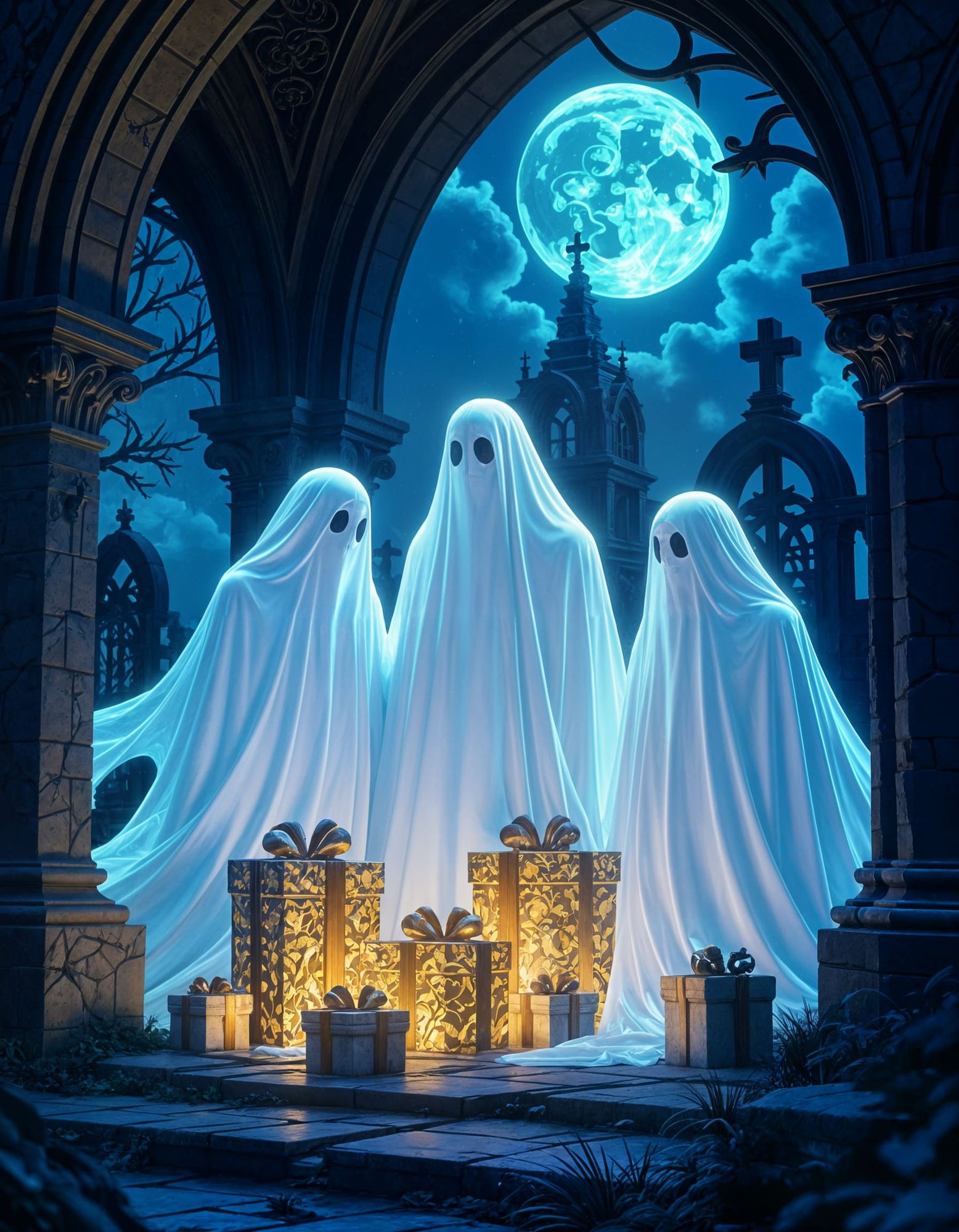 translucent ghosts celebrate Christmas in a crypt in a cemetery a masterpiece, 8k resolution, dark fantasy concept art, by Greg Rutkowski, d...