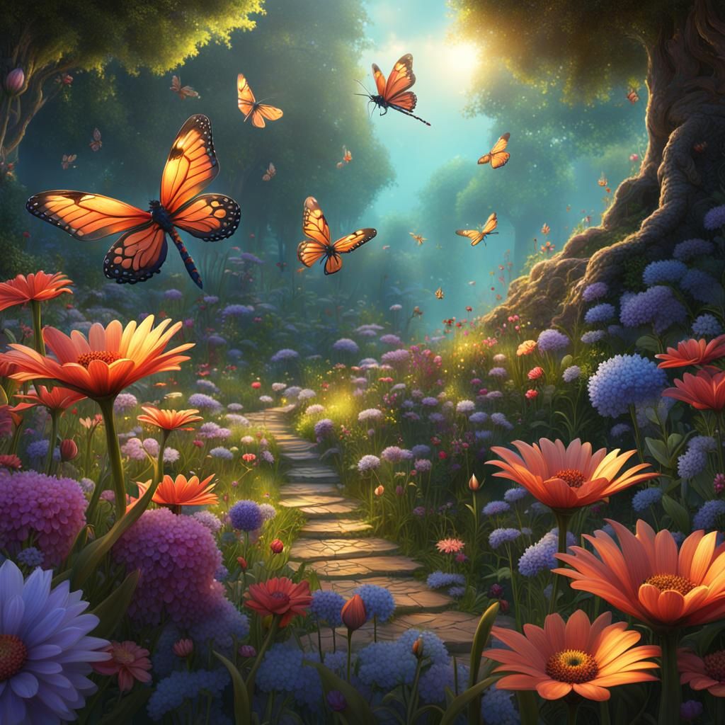 beautiful flowers surrounded by beautiful dragonflies and bu...