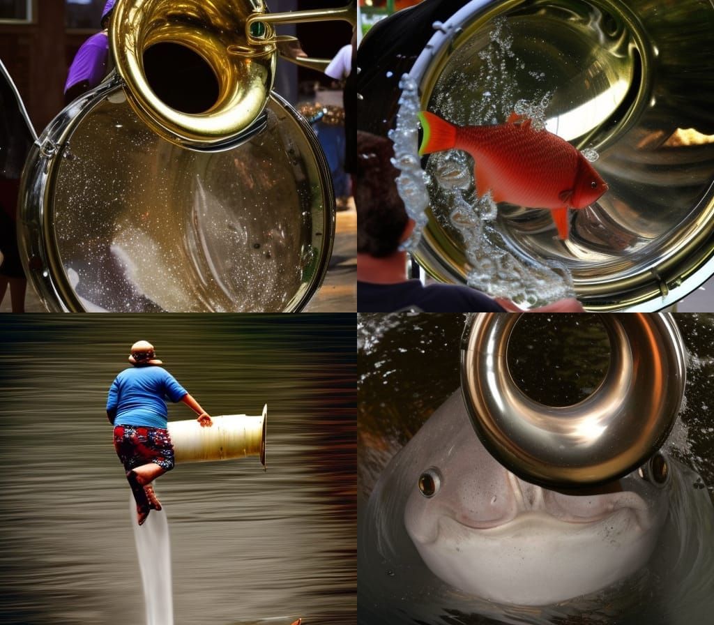 fish jumping from tuba full of water