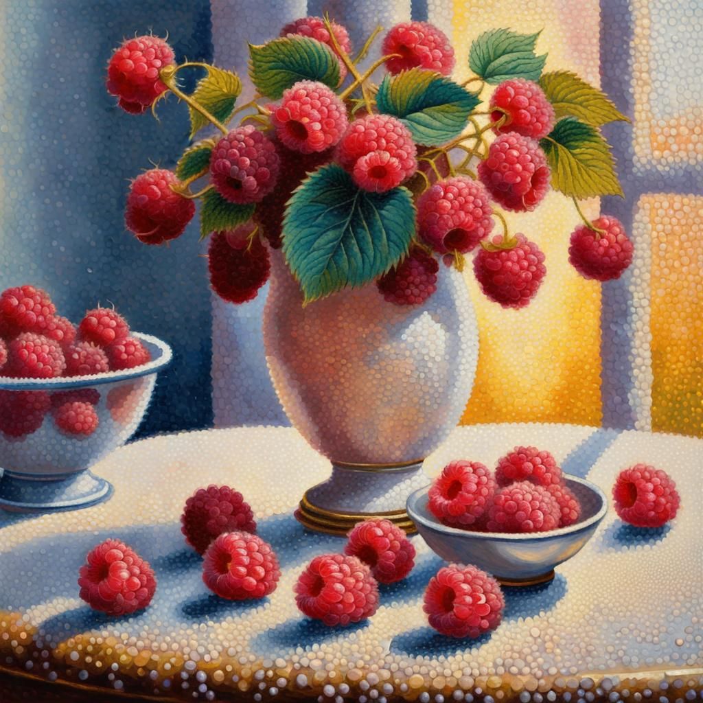 Neo-Pointillism oil painting. Still Life portrait of a vase of raspberries. Dot art. Each dot of the paintbrush makes an addition to the ove...